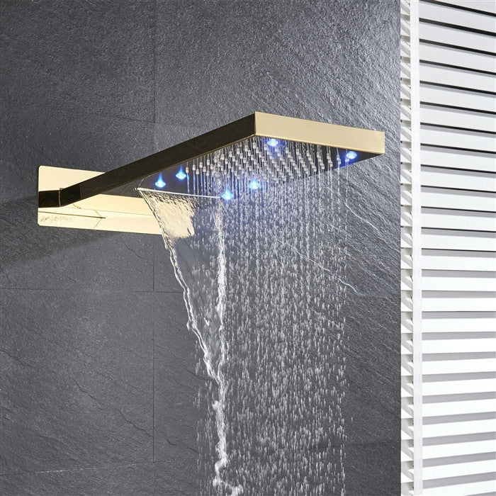 Melfi 22" Brushed Gold Rainfall Shower System, Square Handheld Shower, LED