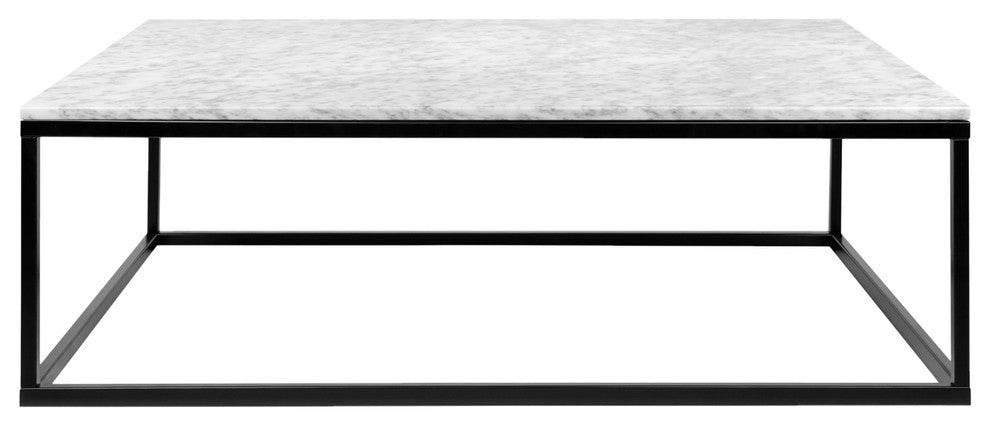 Modern Square Marble Top Coffee Table, White Marble/Black Legs