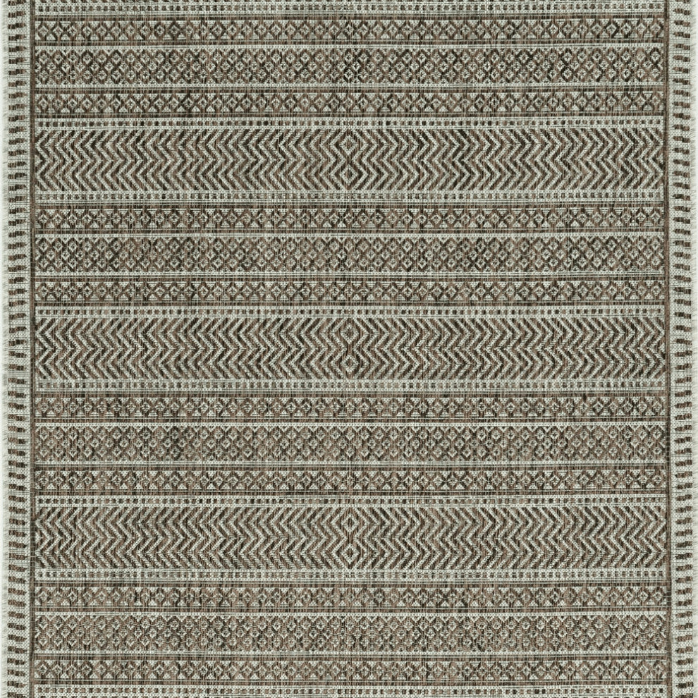 8' Round Mocha Geometric Pattern Indoor Outdoor Area Rug