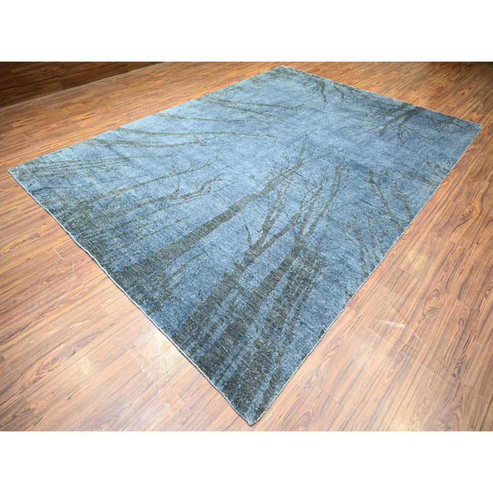 Blue Gray Modern Tree Dusk Design Wool Hand Knotted Oriental Rug 8'10"x12'1"
