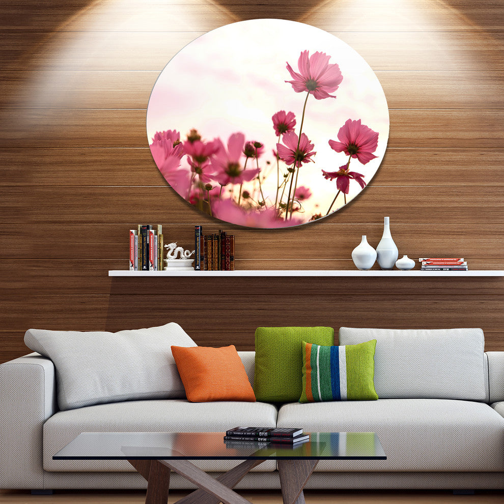 Cosmos Flowers Meadow At Sunset, Floral Round Metal Wall Art, 11"