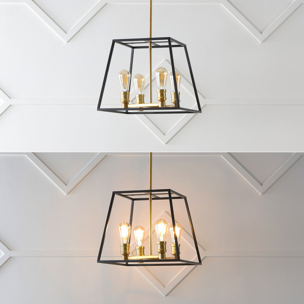 Lloyd 4-Light Industrial Iron LED Pendant, Black/Brass Gold, Width: 15"