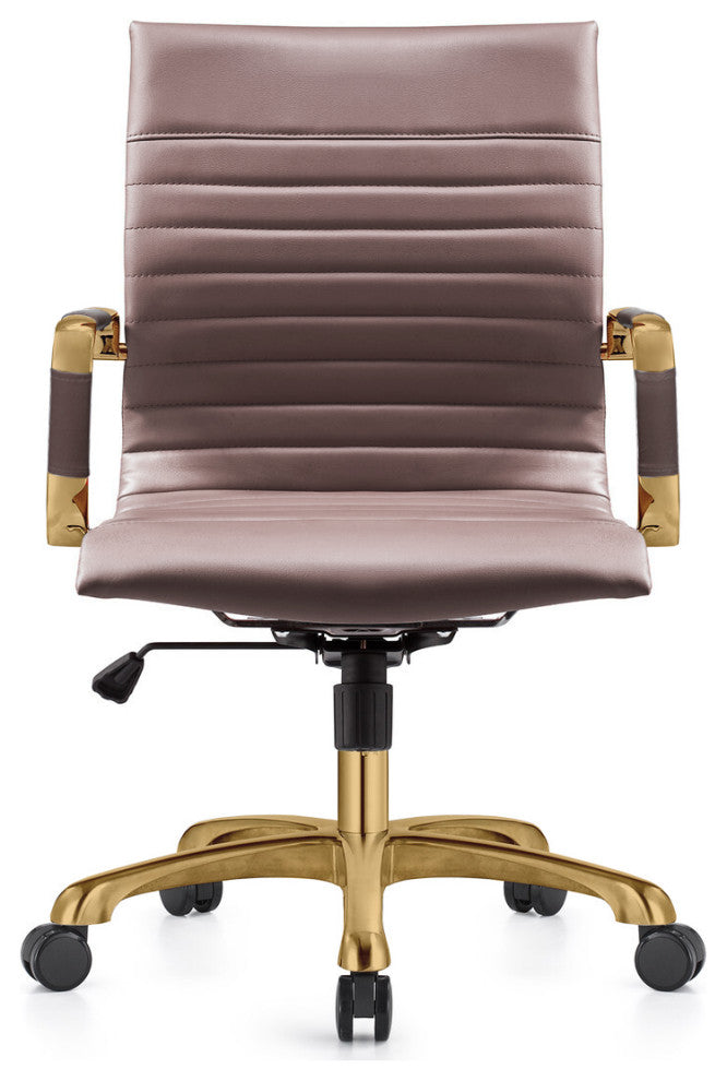 LeisureMod Harris Leather Office Task Chair With Gold Frame, Dark Brown