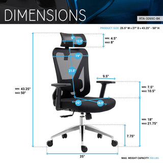 Techni Mobili Truly Ergonomic Mesh Office Chair with Headrest, Black