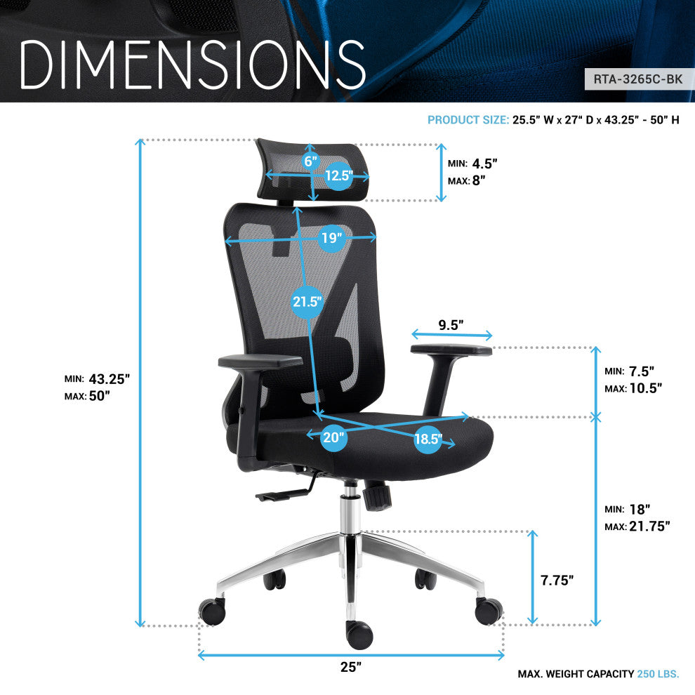 Techni Mobili Truly Ergonomic Mesh Office Chair with Headrest, Black