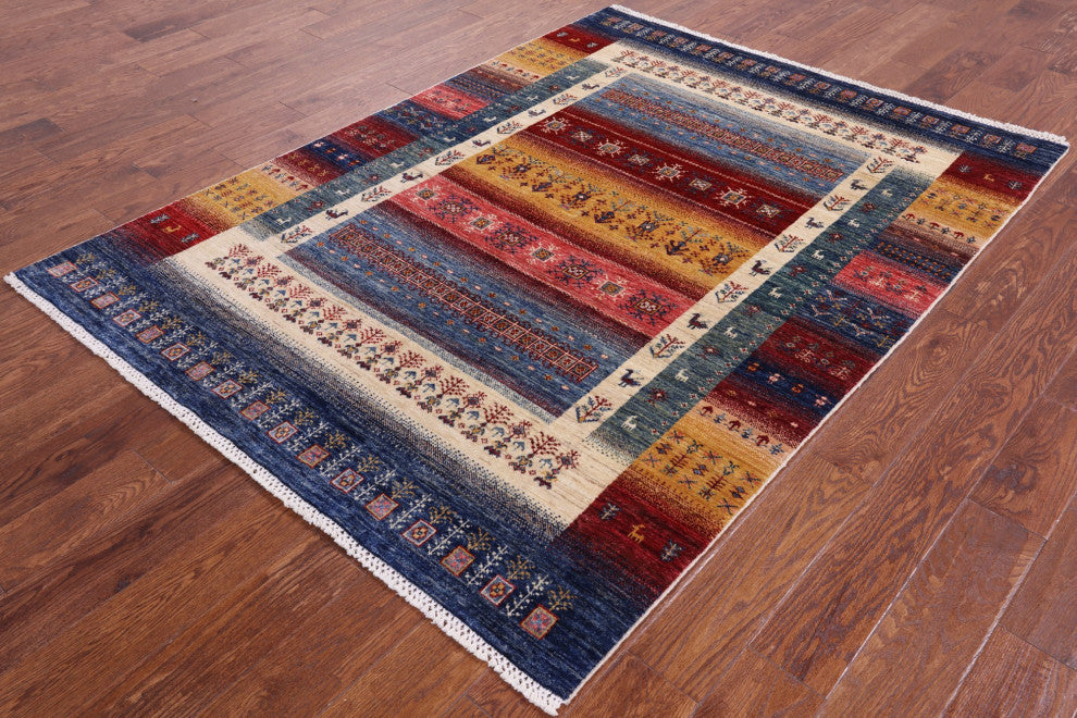 Persian Gabbeh Tribal Hand-Knotted Rug 4' 11" X 6' 8" Q4935