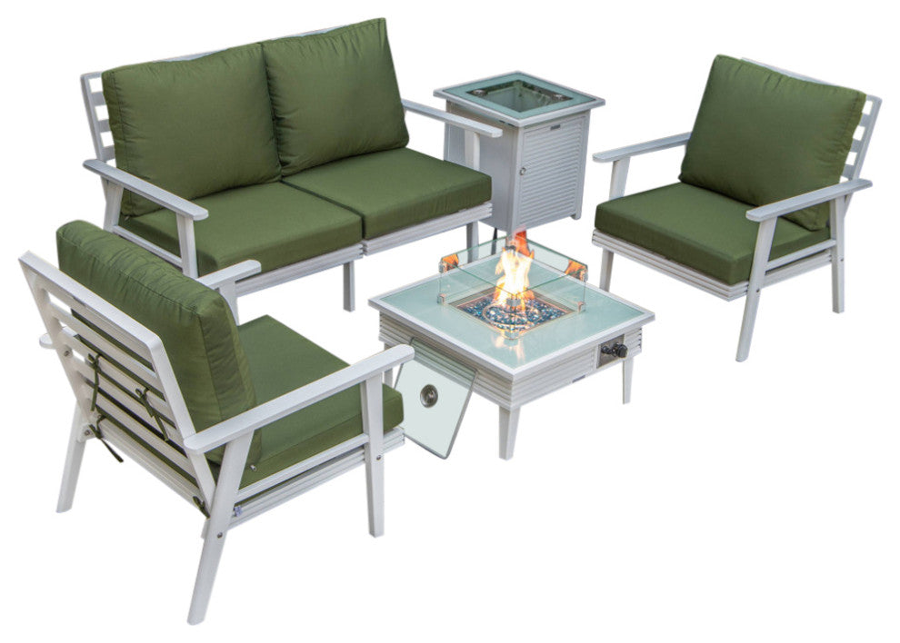 LeisureMod Walbrooke White Patio Conversation Set With Fire Pit, Green
