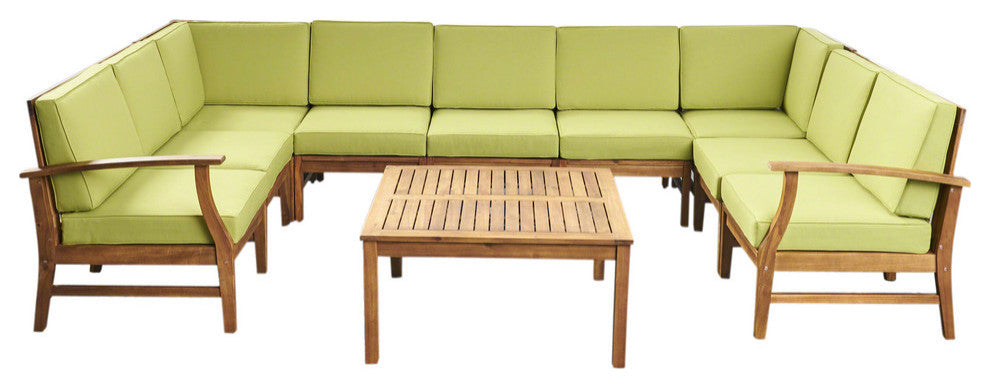 GDF Studio Judith Outdoor 9 Seater Sectional Sofa Set With Cushion, Teak/Green
