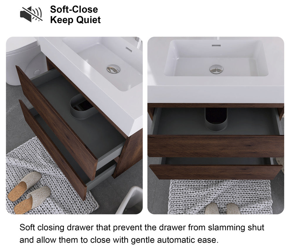 Wood Wall-Mounted Bathroom Vanity Set with Integrated Resin Sink, Walnut, 30"