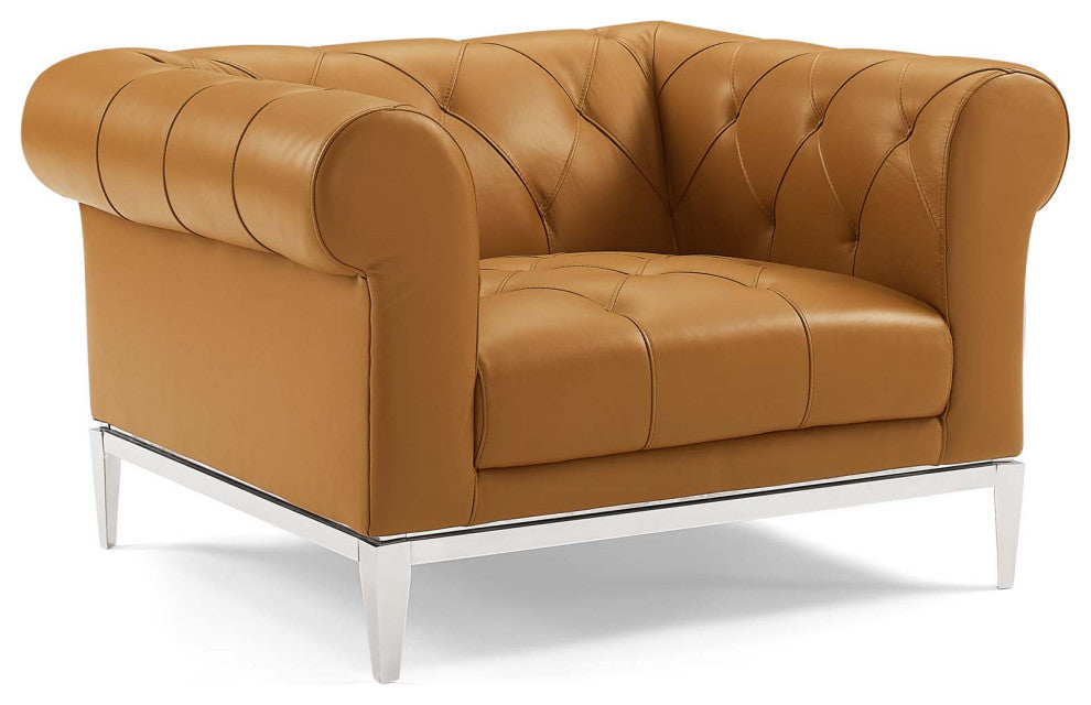 Idyll Tufted Upholstered Leather Sofa and Armchair Set - Tan
