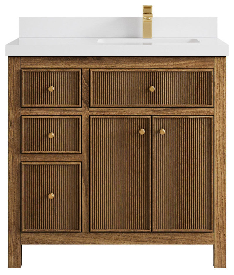 Sonoma Teak 36 Right Offset Bath Vanity in Dark Natural with 2" White Quartz