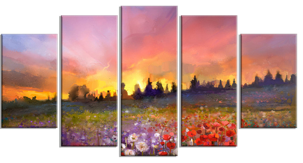 Field of Poppy Dandelion and Daisy, Floral Canvas Artwork, 60"x32", 5 Panels