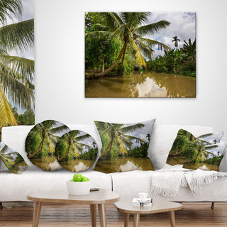 Tropical River With Bent Coconut Palm Landscape Printed Throw Pillow, 16"x16"