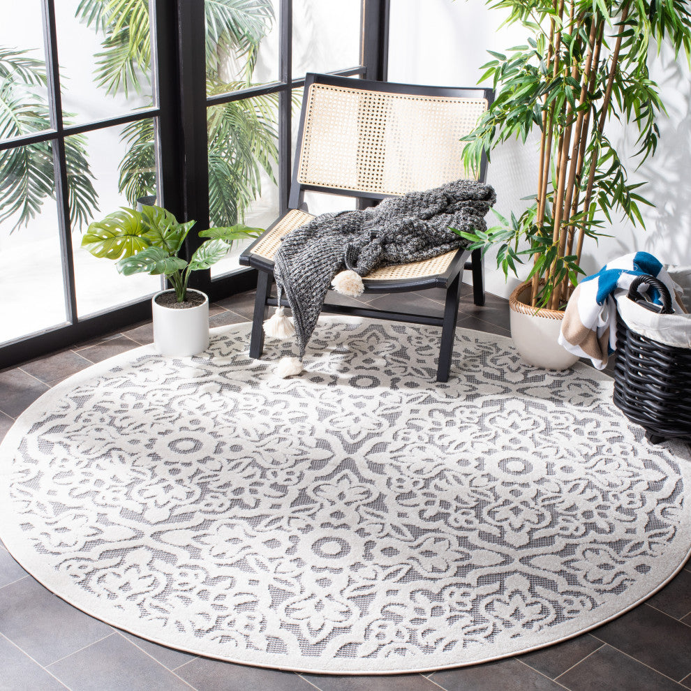 Safavieh Indoor-Outdoor Cabana Collection, CBN662 Rug, Ivory/Gray, 6'7" Round