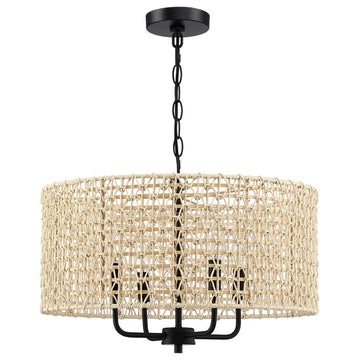 20" 4-Light Rattan Drum Chandelier Light With Black Canopy
