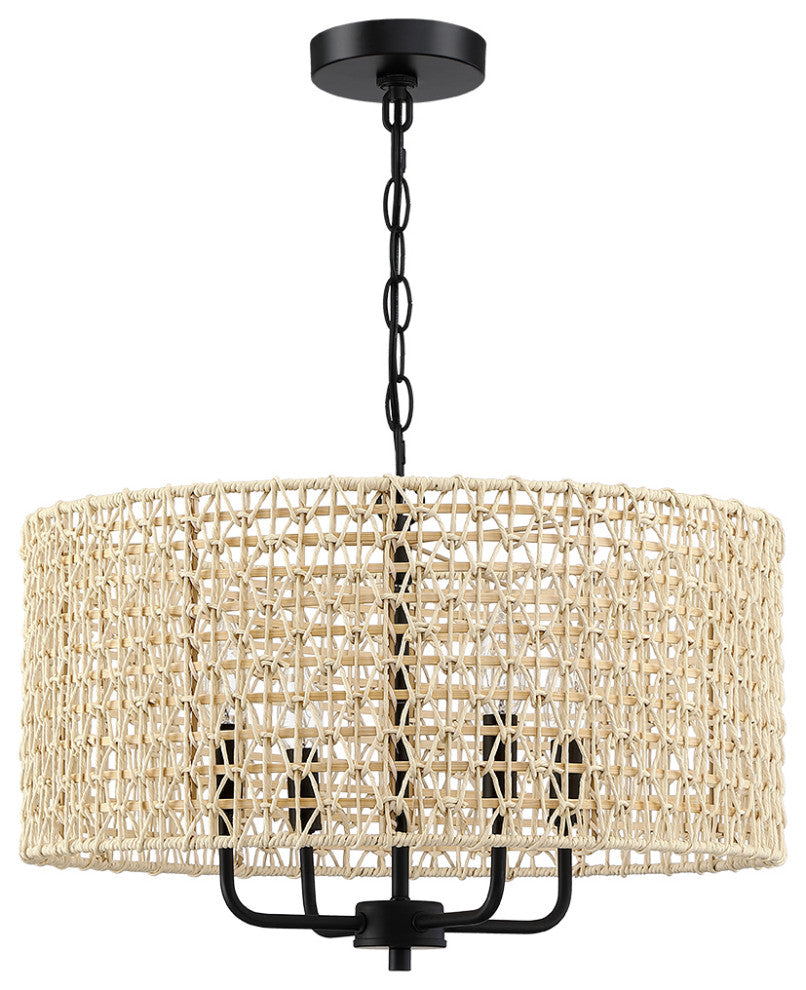 20" 4-Light Rattan Drum Chandelier Light With Black Canopy