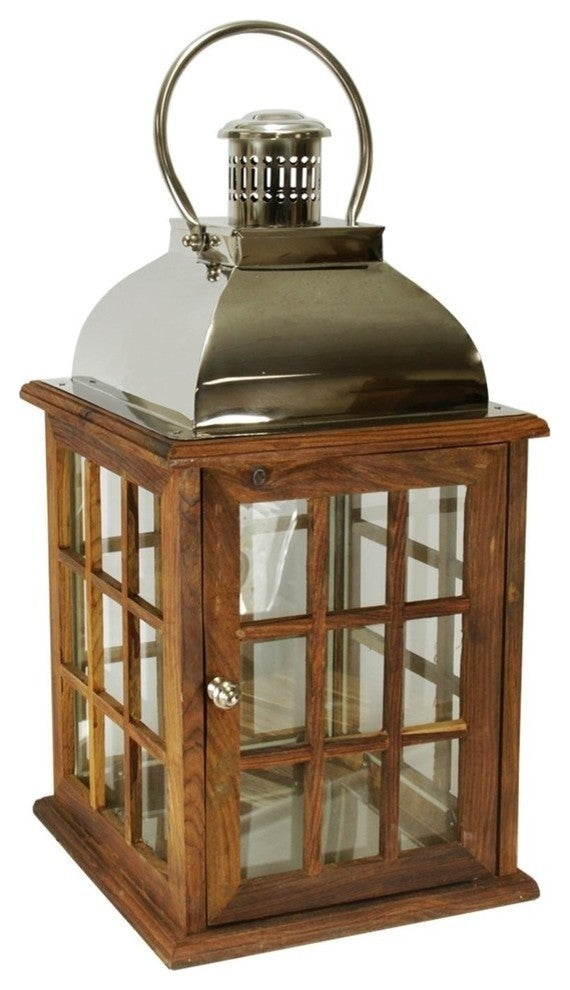 30" Oversized Modern Sheesham Wood Candle Lantern With Silver Metal Handle