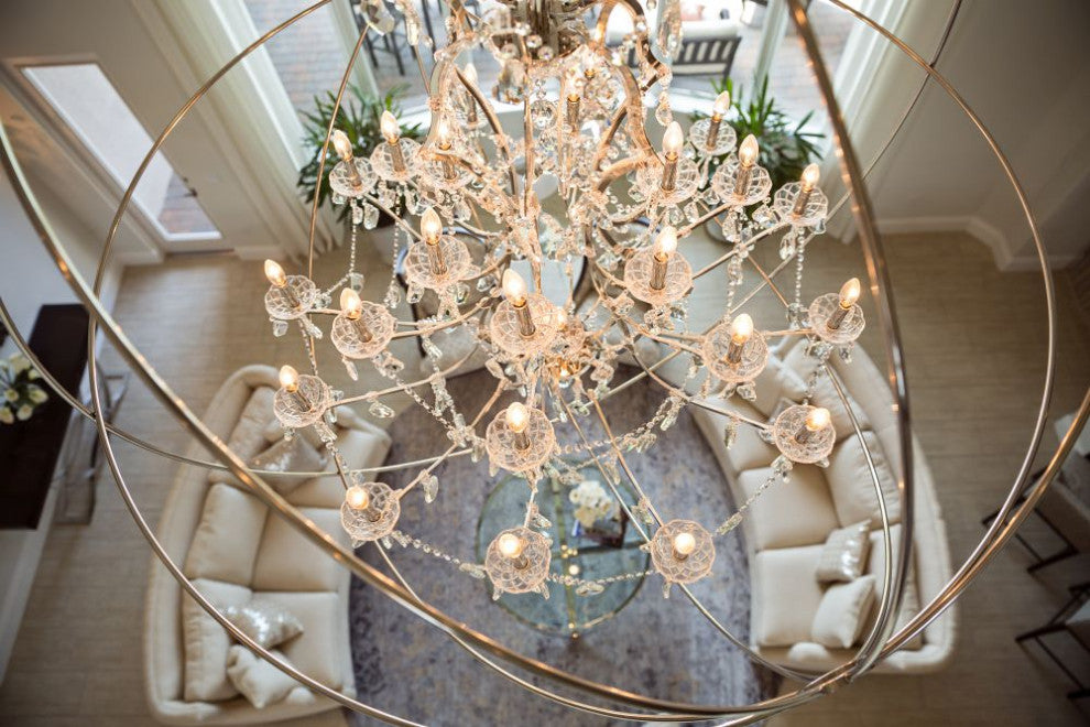 25 light Polished nickel Orb 60" Chandelier Golden Teak crystal