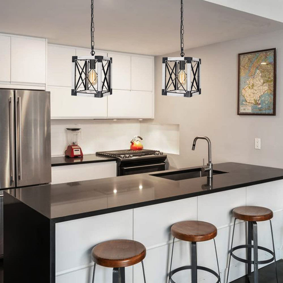 Island Wood Hanging Pendant Lamp Square Farmhouse Cage Pendant Light Fixture