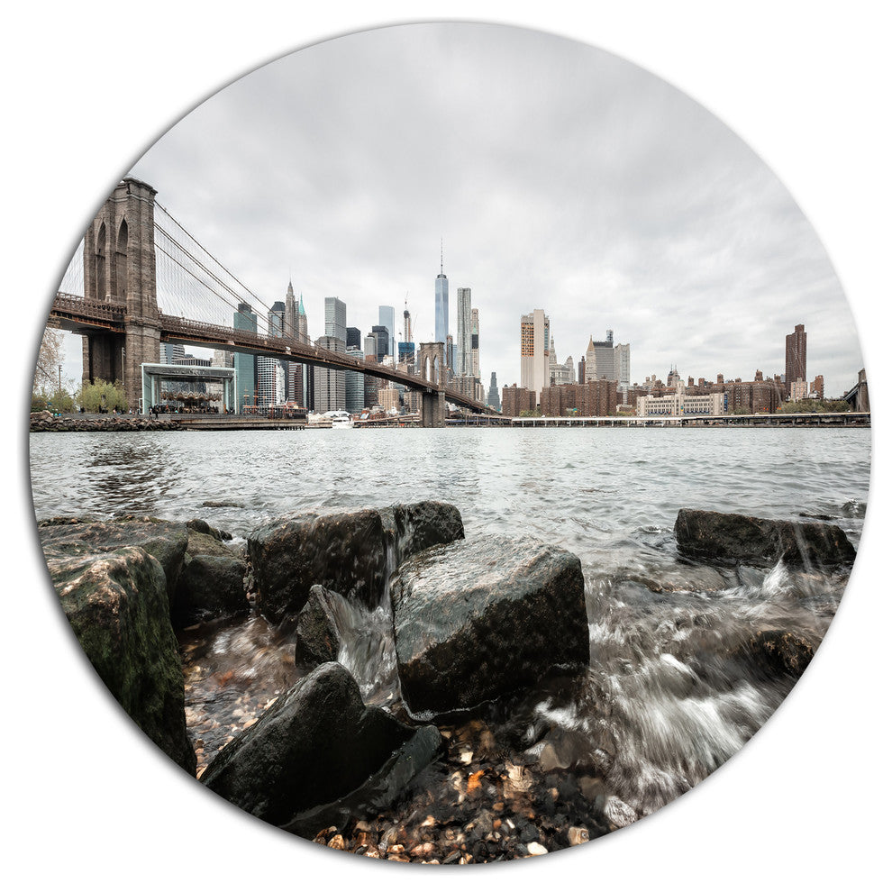 Brooklyn Bridge With Rocks On Shore, Cityscape Disc Metal Wall Art, 23"