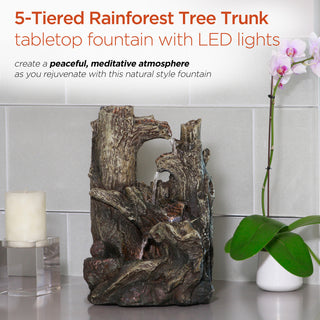 Alpine 5-Tiered Rainforest Tree Trunk Tabletop Fountain, LED Lights, 14" Tall