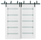 Frosted Glass Barn Bypass Doors 48 x 96, Quadro 4445 White, 6.6' Rail