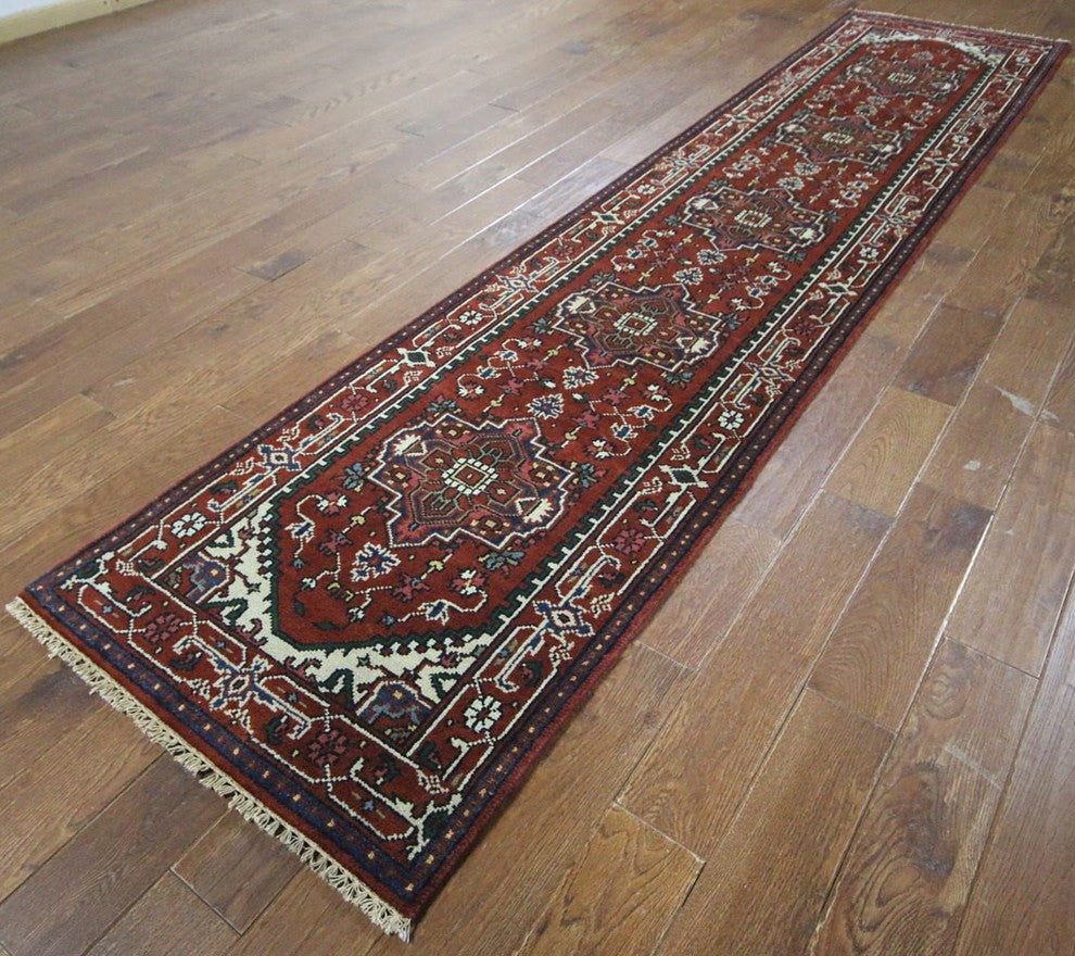 Hand-Knotted Red Heriz Serapi Floral Oriental Wool Rug, 3'x12'