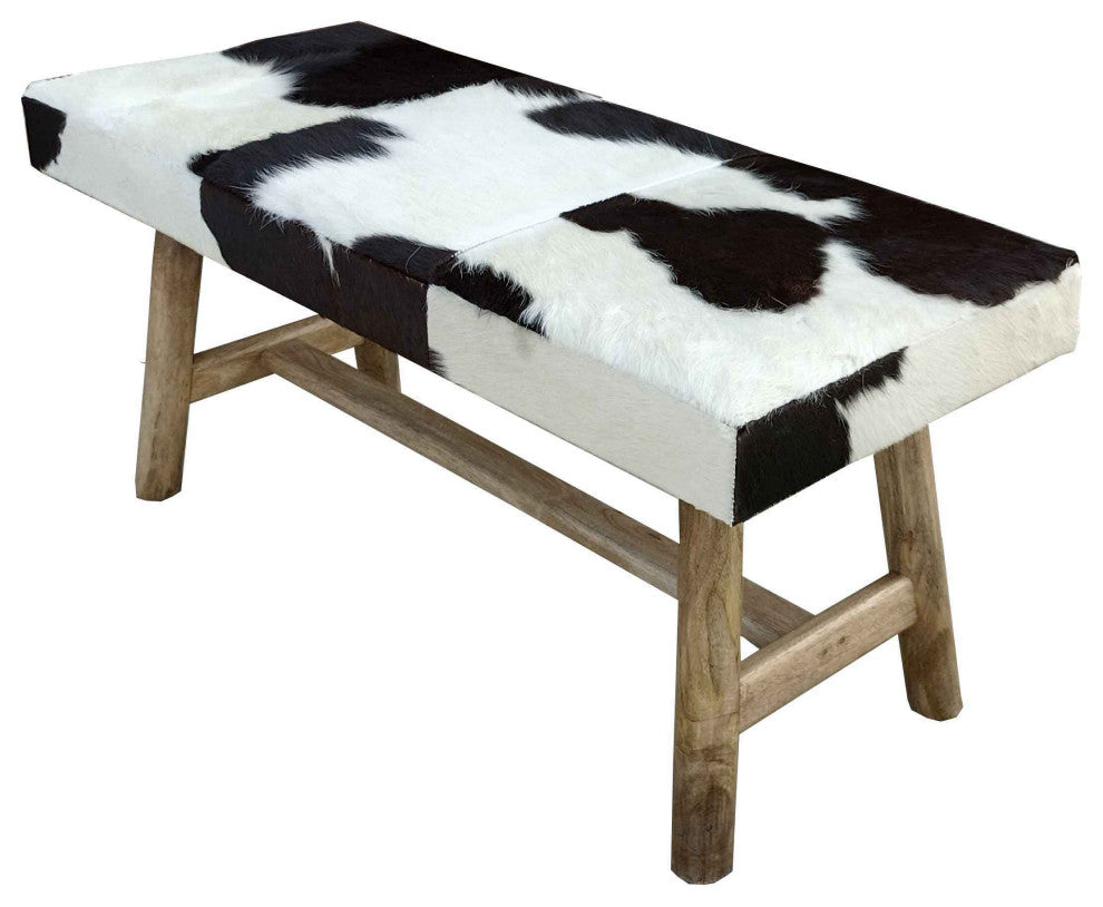 Tauro Black and White Cowhide Bench With Wooden Legs