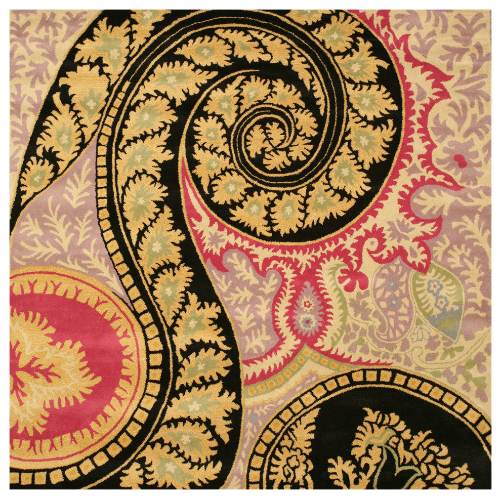 Hand-Tufted Wool Black Contemporary Abstract Paisley Rug, 7'9 Square