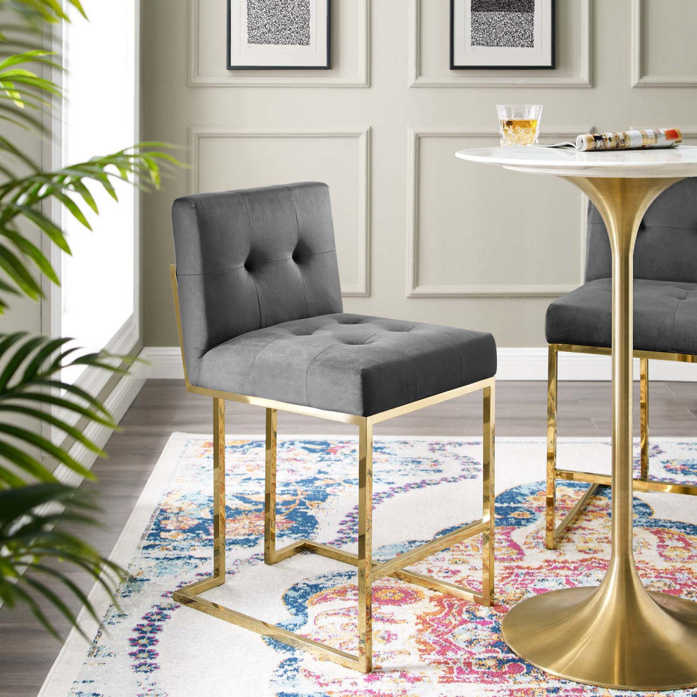 Counter Stool Chair, Velvet, Metal, Gold Gray, Modern, Bar Pub Cafe Bistro