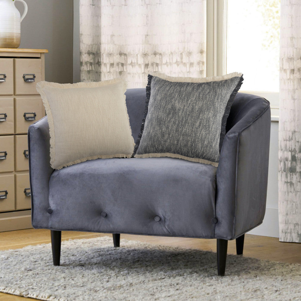 Two-Tone Cotton Throw Pillow with Fringe, Dark Blue, 20" X 20"