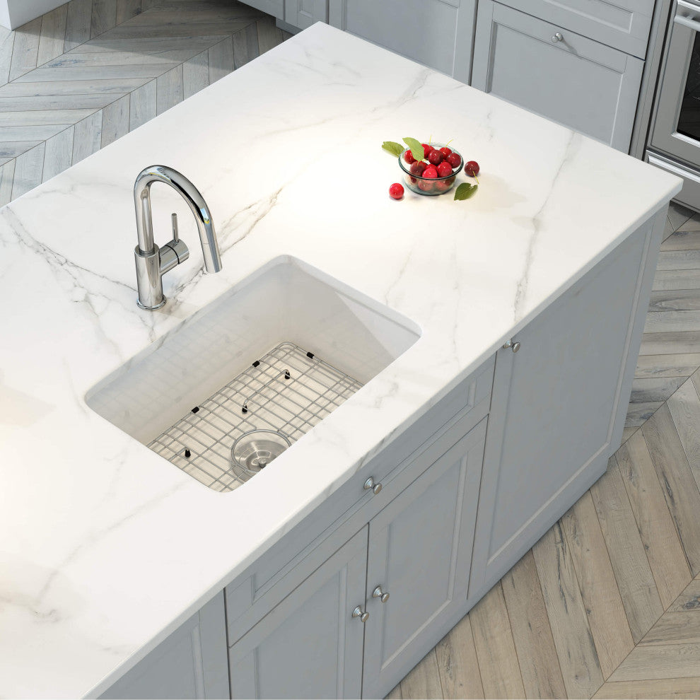 White Fireclay Farmhouse Undermount Kitchen Sink, Bottom Grid and Strain, 27"