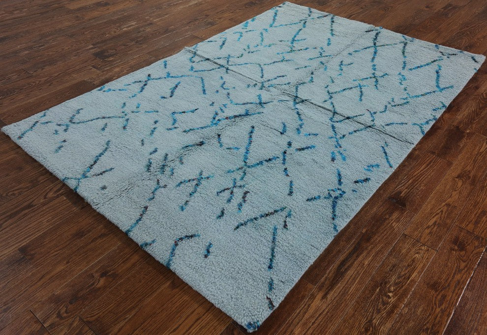 Modern Oriental Light Blue Moroccan Hand-Knotted Wool Rug, 5'x8'
