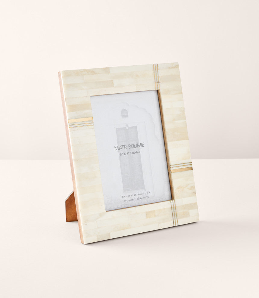 Mukhendu 5"x7" Cream Picture Frame Carved Bone, Brass Bar