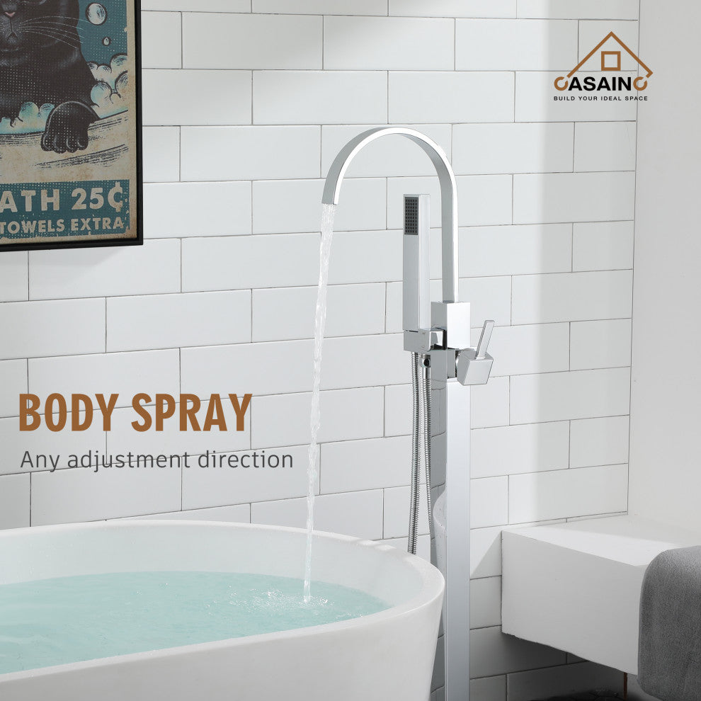 Floor Mount Bathtub Faucet with Hand Shower, Chrome