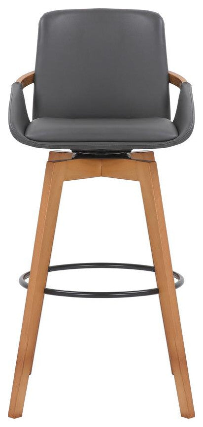 Baylor Swivel Wood Bar or Counter Stool in Faux Leather, BLACK