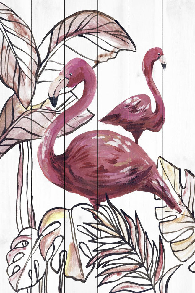 "Pink Flamingo I" Painting Print on White Wood, 30"x45"
