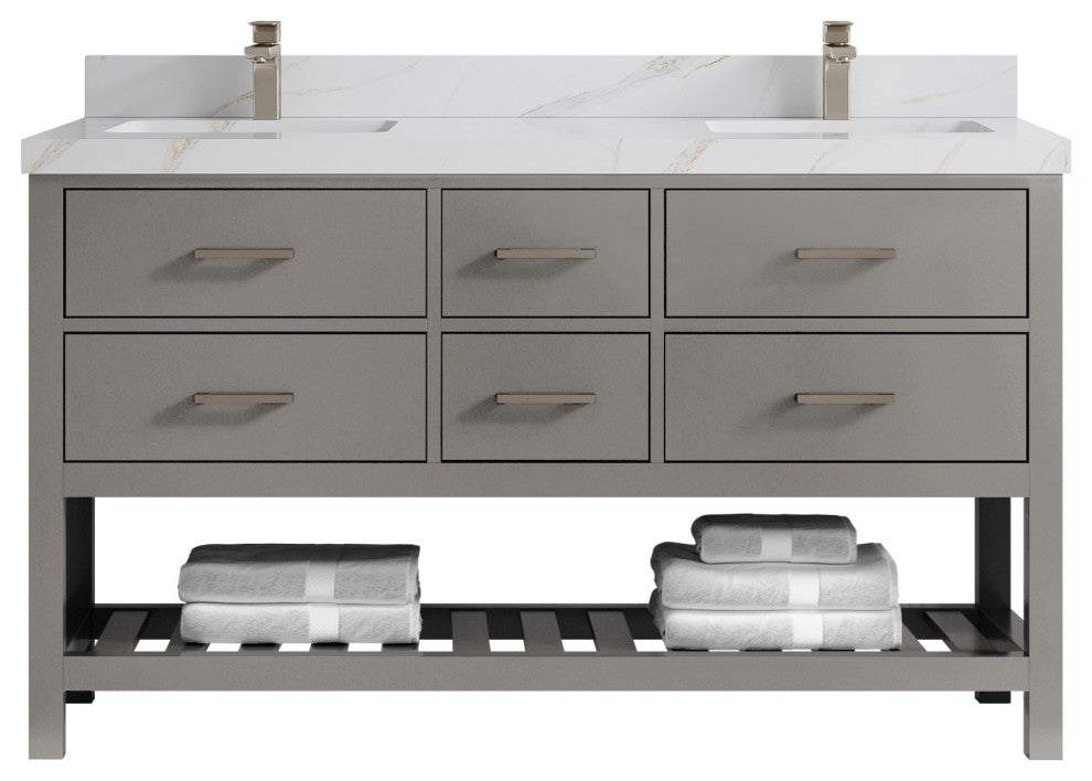 Parker 60" Double Sink Bath Vanity, Elephant Skin Gray 2" Calacatta Sienna