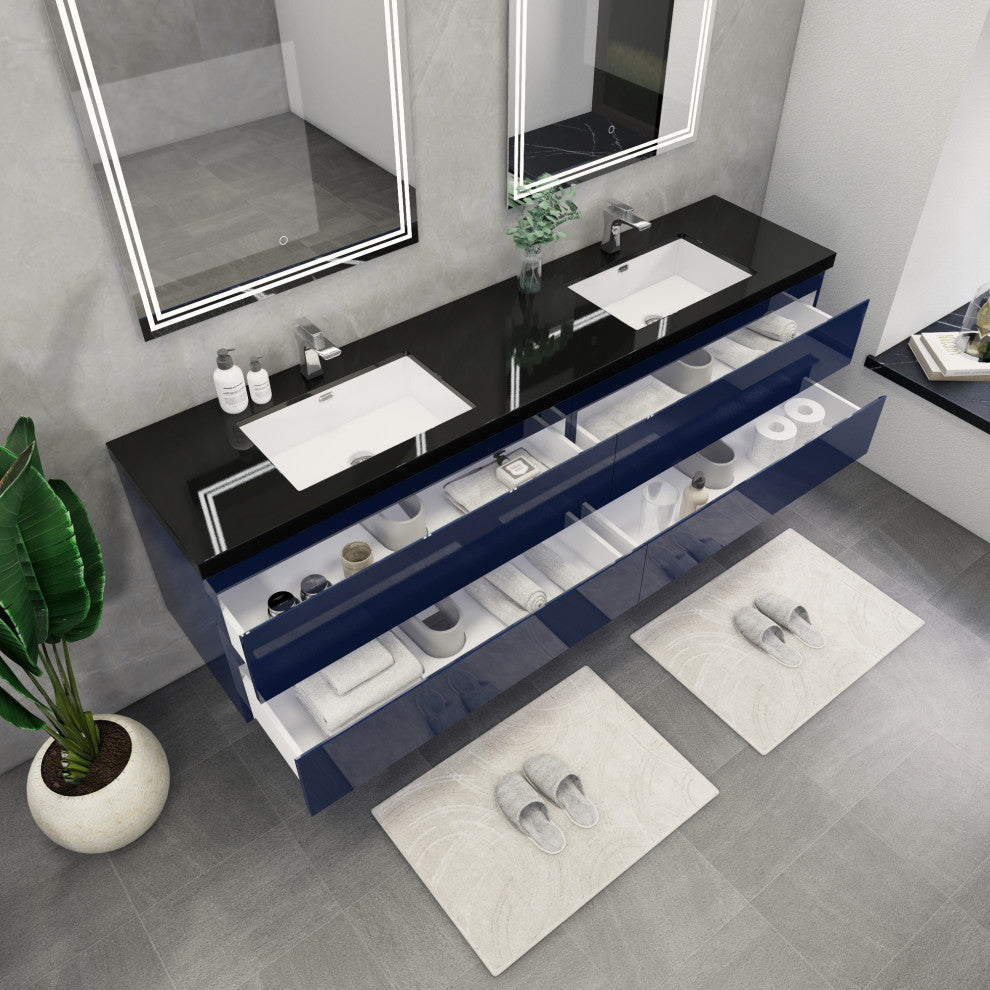 Belli 84" Double Sink Wall Mount Vanity Set, High Gloss Night Blue, Matt Black Top