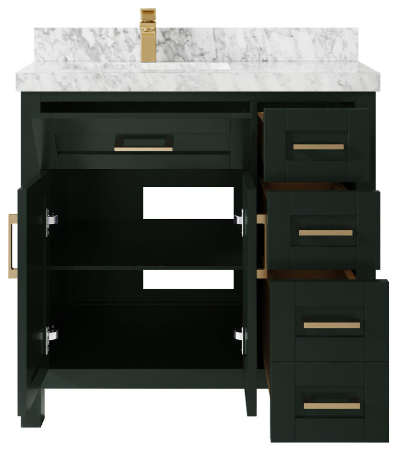 Cambridge 36 Left Offset Bath Vanity in Dark Forest Green 2" Carrara Marble