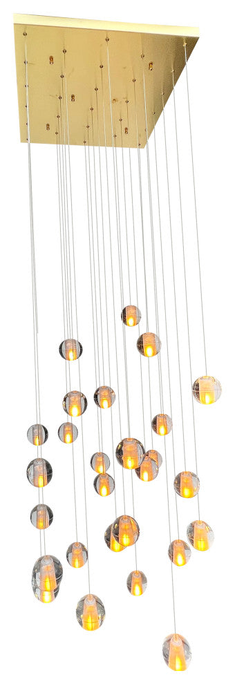 Lightupmyhome Orion 28 Light Floating Glass LED Chandelier, Brass, Square Canopy
