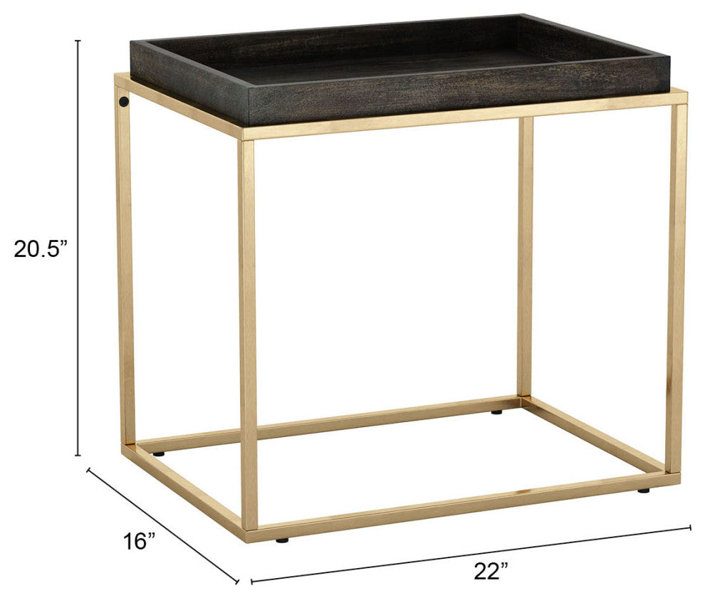 Sofa Side Table, Rectangular, Aluminum, Metal, Wood, Black, Brass, Hospitality