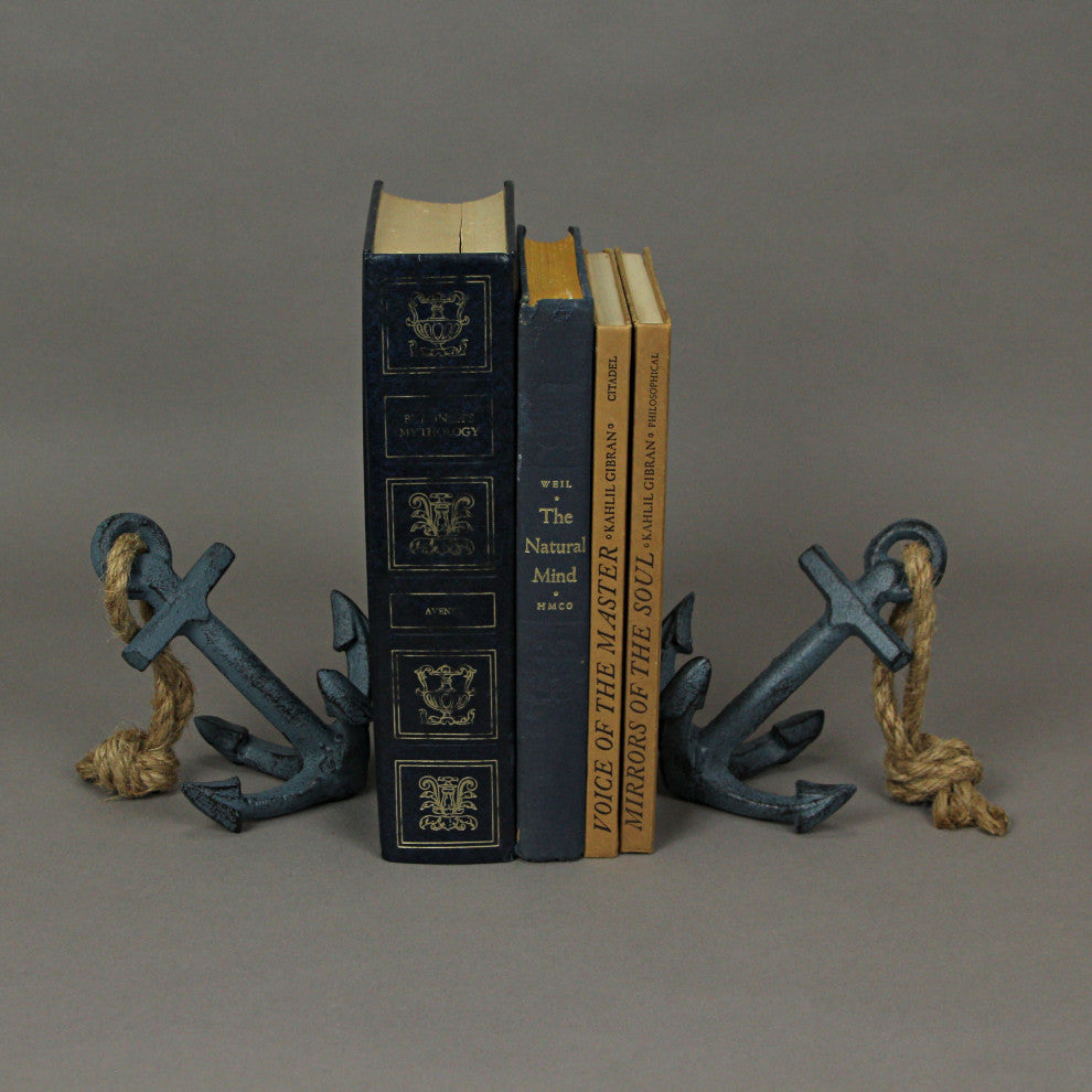 Set of 2 Blue Cast Iron Ship Anchor Bookends Nautical Home Decor Sculptures