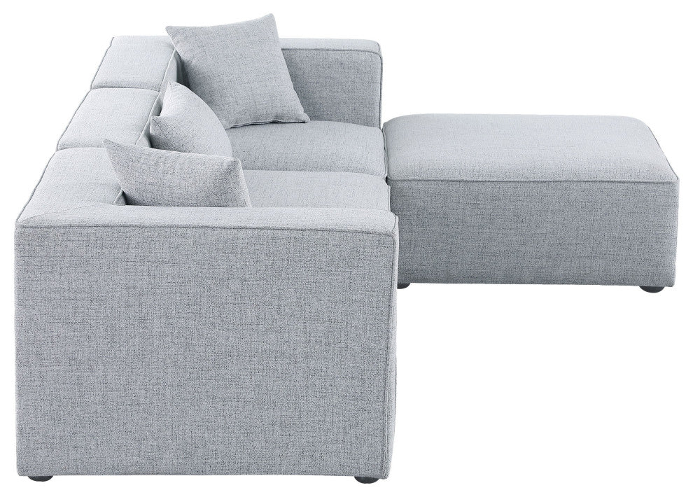 Cube Upholstered Modular Sectional, Gray, 4-Piece: 1 Armless Chair, 2 Corner Chair, 1 Ottoman, Linen Texured Fabric
