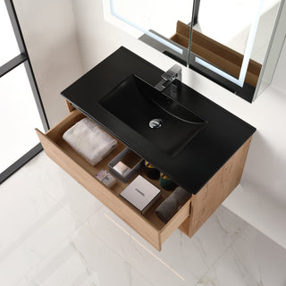 Wall Mounted Bathroom Vanity and Sink, Classic Oak, 36'' Ceramic Black