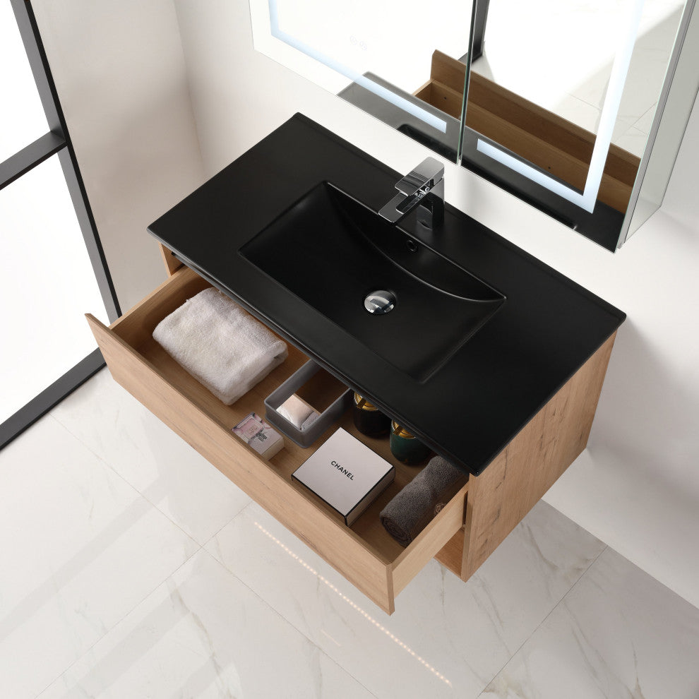 Wall Mounted Bathroom Vanity and Sink, Classic Oak, 36'' Ceramic Black