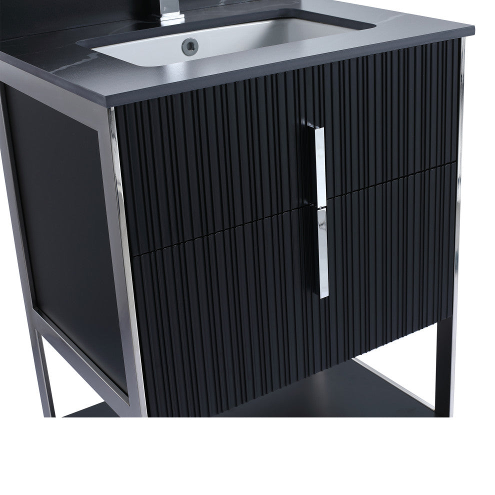Serenity Bath Vanity, Black Matte, Chrome, Black Marble Stone Top, 1-Hole