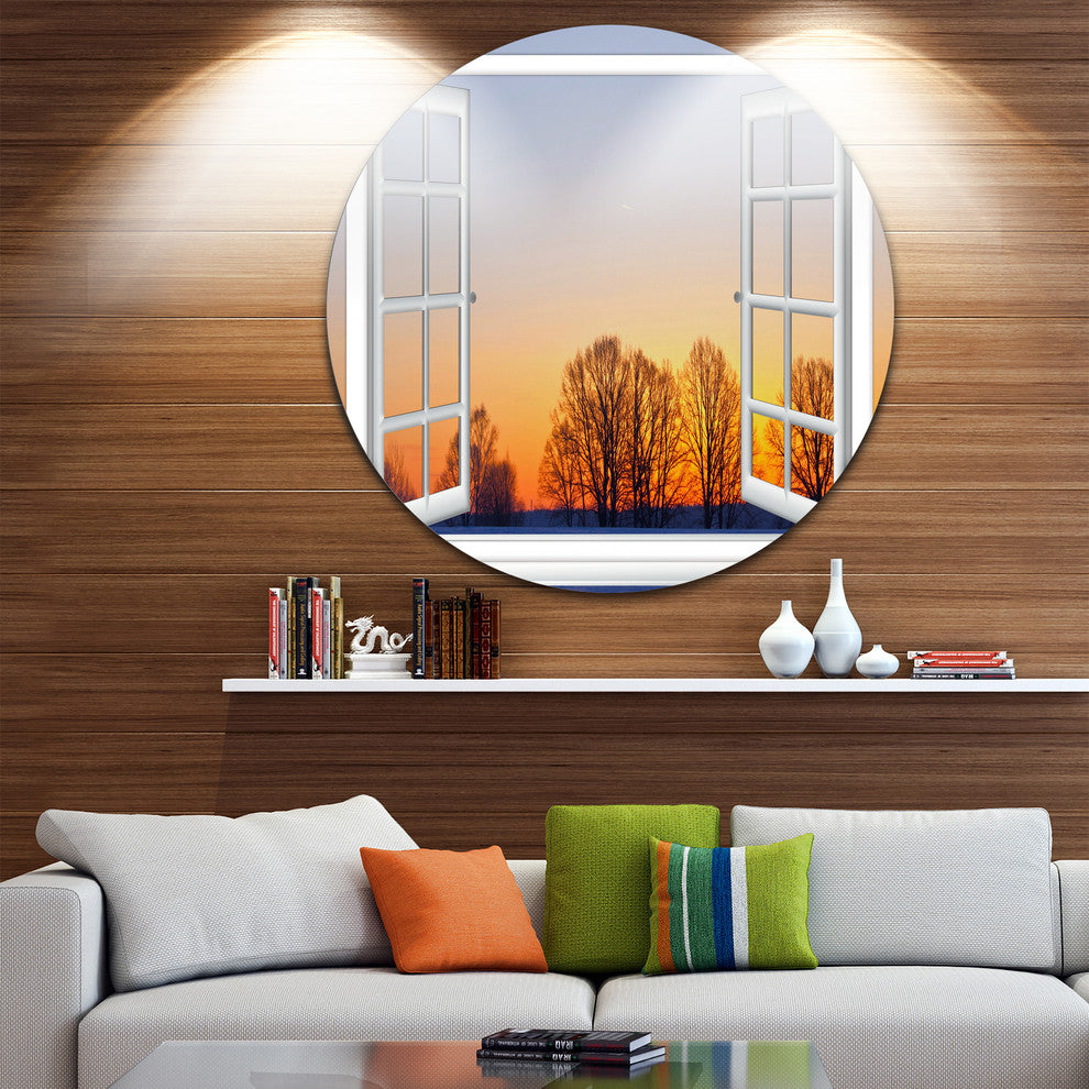 Window To Sunset Over The Snow, Landscape Round Metal Wall Art, 23"
