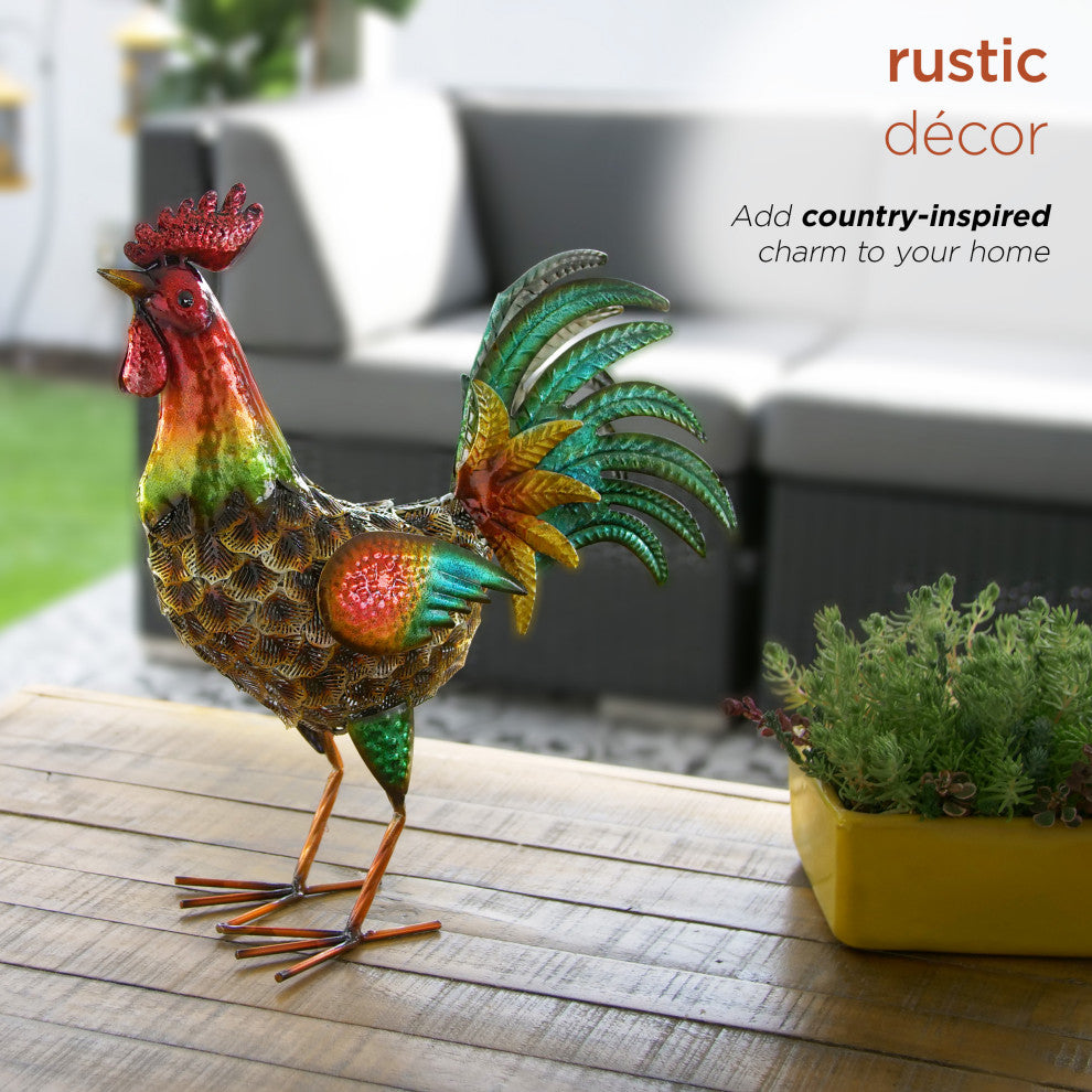 Glossy Metal Rooster Decor with Turquoise Tail