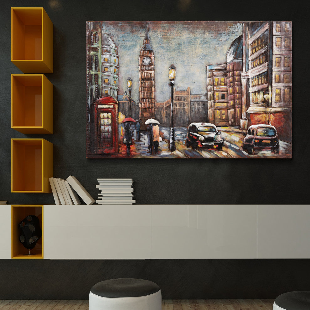 "City Street" Mixed Media Iron Hand Painted Dimensional Wall Art